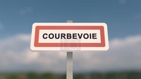 City sign of Courbevoie. Entrance of the town of Courbevoie in, Hauts-de-Seine, France