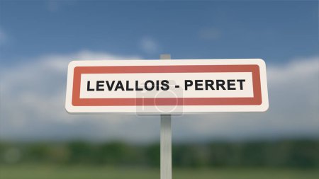 Téléchargez les photos : Panneau de ville de Levallois-Perret. Entrée de la ville de Levallois Perret dans les Hauts-de-Seine, France - en image libre de droit