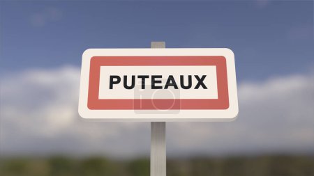 Ortsschild von Puteaux. Eingang der Stadt Puteaux in, Hauts-de-Seine, Frankreich