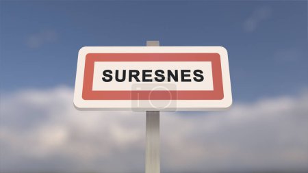 Téléchargez les photos : Signe de ville de Suresnes. Entrée de la ville de Suresnes, Hauts-de-Seine, France - en image libre de droit