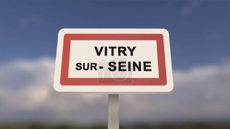 Photo for City sign of Vitry-sur-Seine. Entrance of the town of Vitry sur Seine in, Val-de-Marne, France - Royalty Free Image