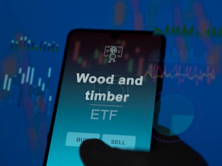 Un inversor analizando el fondo de madera y madera etf en una pantalla. Un teléfono muestra los precios de la madera y la madera