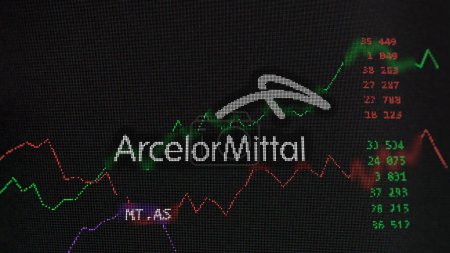 Photo for Close up on logo of Arcelor Mittal on the screen of an exchange. ArcelorMittal price stocks, $MT.AS on a device. - Royalty Free Image