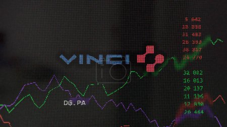 Photo for April 13th 2024 , Paris, France. Close up on logo of Vinci on the screen of an exchange. Vinci price stocks, $DG.PA on a device. - Royalty Free Image