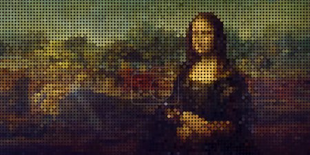 Mona digital dots pixels version. Pixel art mona lisa la Joconde extend dimension version, place for content on left.