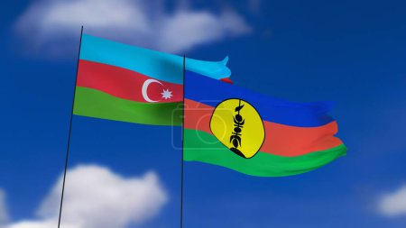 Ilustración 3D, Dos banderas en el viento, Bandera FLNKS y bandera de Azerbaiyán, cielo en el fondo.