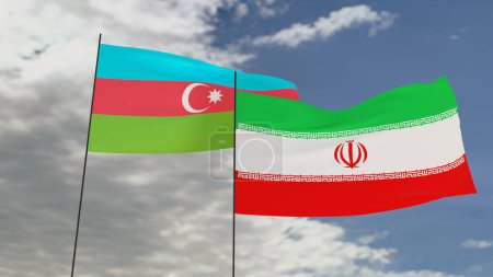 3D-Illustration, Zwei Fahnen im Wind, die Flagge Irans und Aserbaidschans, der Himmel im Hintergrund.
