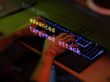 Cyber attack advanced targeted attack text in foreground screen, hands of a anonymous hacker on a led keyboard. Vulnerability text in informatic system style, code on editor screen. Text in English, English text