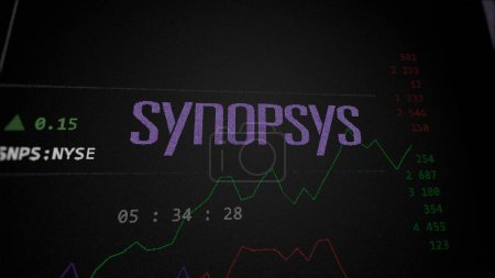 Foto de 09 de abril de 2024, Sunnyvale, California. Primer plano en el logotipo de Synopsys en la pantalla de un intercambio. Acciones de precios sinópticos, $SNPS en un dispositivo. - Imagen libre de derechos