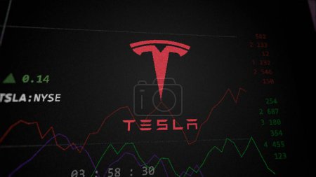 Foto de 09 de abril de 2024, Austin, Texas. Primer plano en el logotipo de Tesla, Inc. en la pantalla de un intercambio. Tesla, Inc acciones de precios, $TSLA en un dispositivo. - Imagen libre de derechos