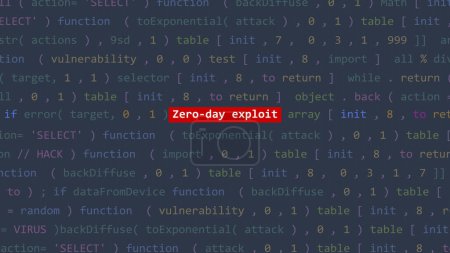 Cyber attack zero-day exploit text in foreground screen of code editor developer studio point of vue. Vulnerability text in binary system ascii. Text in English, English text