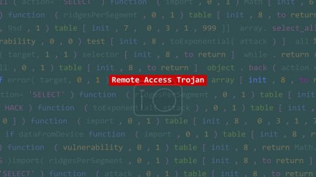Cyber ataque de acceso remoto de texto troyano en la pantalla de primer plano del editor de código desarrollador punto de estudio de vue. Texto de vulnerabilidad en ascii sistema binario. Texto en inglés, texto en inglés
