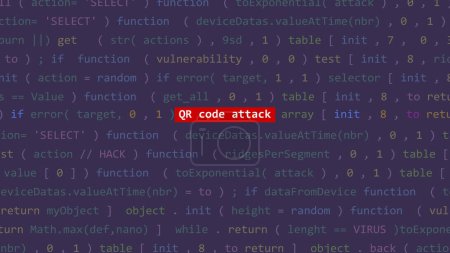 Foto de Cyber ataque qr texto de ataque de código en primer plano de la pantalla del editor de código desarrollador punto de estudio de vue. Texto de vulnerabilidad en ascii sistema binario. Texto en inglés, texto en inglés - Imagen libre de derechos
