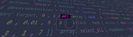 Cyber ataque apt texto en primer plano de la pantalla del editor de código desarrollador punto de estudio de vue. Texto de vulnerabilidad en el sistema de ataque ascii. Texto en inglés, texto en inglés