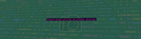 Exploits móviles de ataque cibernético de clic cero. Texto de vulnerabilidad en estilo de arte ascii sistema binario, código en la pantalla del editor. Texto en inglés, texto en inglés
