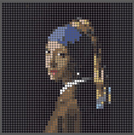 Illustration for Girl With A Pearl Earring digital dots pixels version. Pixel art Meisje met de parel. Johannes Vermeer tribute. - Royalty Free Image