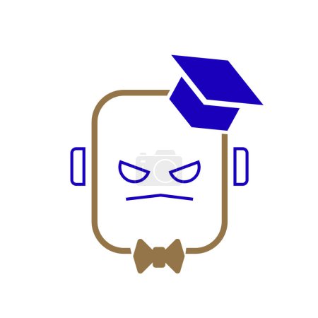 Illustration for Angry trained bot with graduate hat and bow tie, certified, educated, intelligent, cultivated, trained in machine learning, deep learning, which learns by itself, autonomous artificial intelligence. - Royalty Free Image