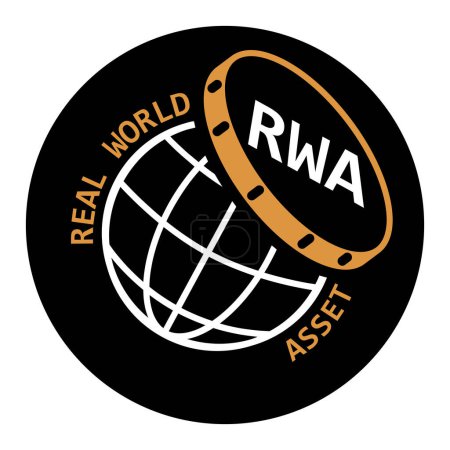 Illustration for REAL WORLD ASSET icon, RWA acronym crypto, tokenized real world asset token illustration. Text version. RW asset, dark theme, black background. - Royalty Free Image