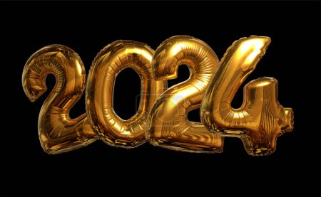 Illustration for Golden balloons in the shape of "2024" against a black background. Vector from 3D rendering illustration. - Royalty Free Image