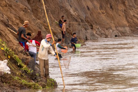 Téléchargez les photos : Pinrang Indonésie januari 10, 2024 : Attraper le poisson de la manière traditionnelle, plusieurs résidents de Pinrang attrapent avec enthousiasme le poisson sur le bord de la rivière Saddang le matin à l'aide d'outils traditionnels - en image libre de droit