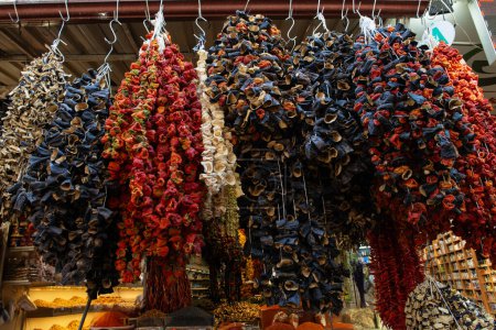 Guirnaldas de pimientos dulces secos y berenjenas púrpuras cuelgan de las cuerdas en el mercado de agricultores.