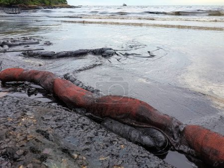 Téléchargez les photos : Déversement de pétrole brut au milieu de la mer de Rayong, au milieu du golfe de Thaïlande et des îles Samet, personnel et bénévoles aidant à nettoyer les déversements de pétrole sur la plage, pluie battante - en image libre de droit