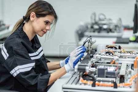 Téléchargez les photos : Femme d'équipe d'ingénieurs pratiquant l'entretien Prendre soin et pratiquer l'entretien des vieilles machines dans l'usine afin qu'elles puissent être utilisées en permanence. - en image libre de droit