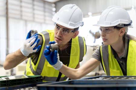 Téléchargez les photos : Une équipe d'ingénieurs masculins et féminins aide à inspecter le travail fini dans une usine. Pour être correct et répondre aux normes d'usine - en image libre de droit