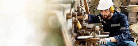 Photo for Banner Team man of engineers practicing maintenance Taking care and practicing maintenance of old machines in the factory so that they can be used continuously. - Royalty Free Image
