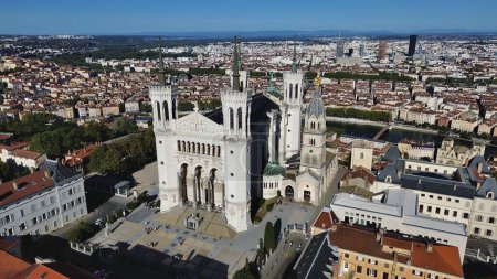 Photo for Drone photo Notre-Dame de Fourviere Basilica, Basilique Notre-Dame de Fourviere Lyon France Europe - Royalty Free Image