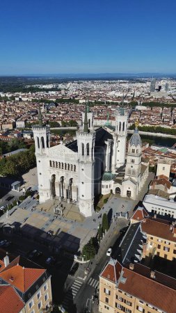 Photo for Drone photo Notre-Dame de Fourviere Basilica, Basilique Notre-Dame de Fourviere Lyon France Europe - Royalty Free Image