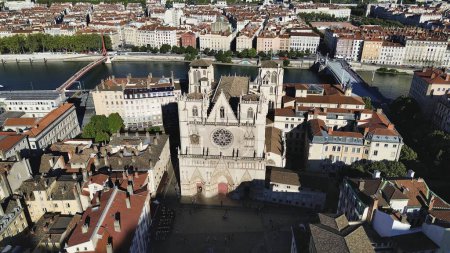 Photo for Drone photo Saint-Jean-Baptiste Cathedral, Cathedrale Saint-Jean-Baptiste Lyon France Europe - Royalty Free Image