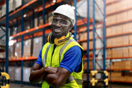 Photo for African man worker wearing working suite dress and safety helmet at cargo for stack item for shipping.female worker checking the store factory. industry factory warehouse. Inspection quality control. - Royalty Free Image