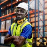 African man worker wearing working suite dress and safety helmet at cargo for stack item for shipping.female worker checking the store factory. industry factory warehouse. Inspection quality control.