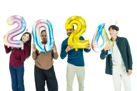 Photo for Group of people holding fantasy color balloons bubble of the number 2024 for the new Year. men and women standing on a white background. celebration of happy new year Party - Royalty Free Image