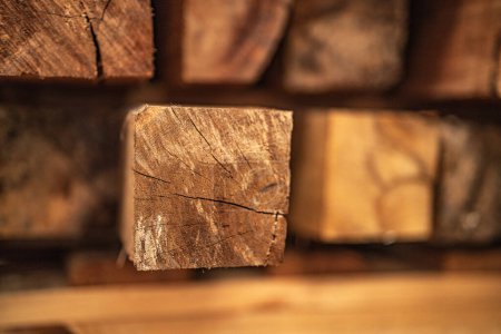 Photo for Background of pattern wood section. Grid of wood squares. the raw of material timber on stack. - Royalty Free Image