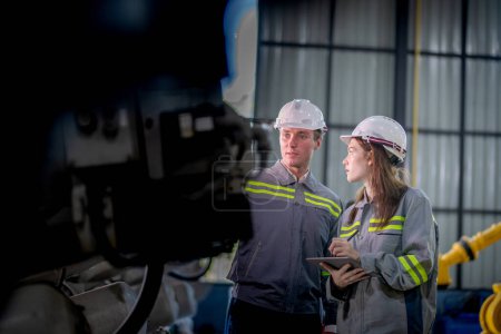 Photo for Factory engineer woman inspecting on machine with smart tablet. Worker works at machine robot arm. The welding machine with a remote system in an industrial factory. Artificial intelligence concept. - Royalty Free Image