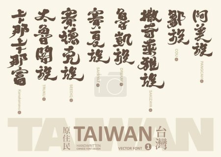 Ilustración de Colección de nombres de pueblos aborígenes en Taiwán (1), grupos étnicos característicos, diseño del título manuscrito, material de texto vectorial. - Imagen libre de derechos