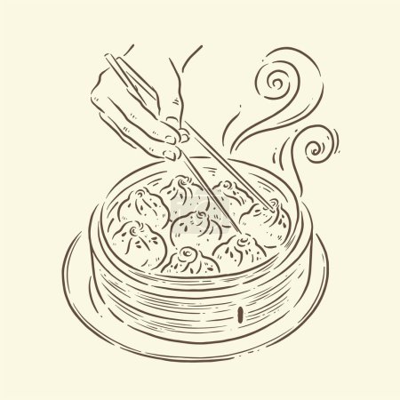 Téléchargez les illustrations : "Xiao long bao "est un aliment traditionnel bien connu en Asie, tenant des baguettes pour ramasser le xiao long bao, illustration alimentaire. - en licence libre de droit