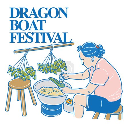 Illustration for Dragon Boat Festival traditional delicacy "Zongzi", character illustration, illustration of woman making zongzi, flat style. - Royalty Free Image