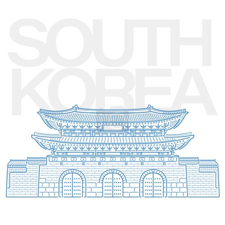 Traditional architecture line illustration, Korean historical city wall gate, building diagram, sightseeing travel theme.