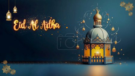 Foto per Illustrazione vettoriale di eid al - adha mubarak biglietto di auguri con moschea e lanterna - Immagine Royalty Free