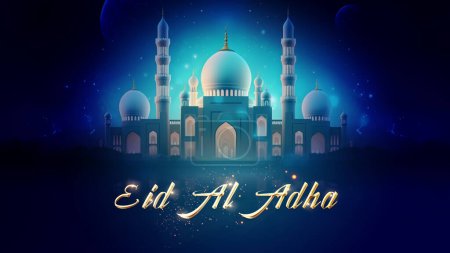 Photo for Eid al adha mubarak islamic greeting card design with mosque dome, mosque, moon, and mosque. - Royalty Free Image