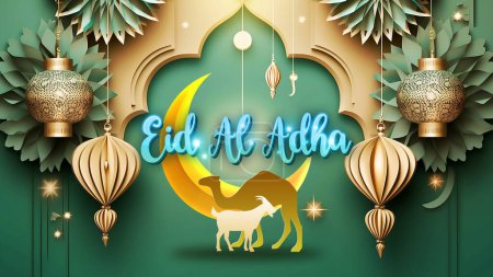 Photo for Eid al - adha mubarak background with golden lanterns and moon - Royalty Free Image
