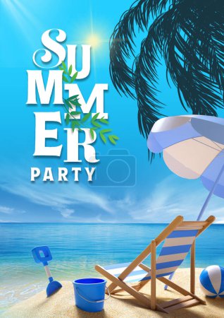 Foto de Fondo de playa de verano con hojas tropicales, sol, sombrilla, silla y gafas de sol, ilustración vectorial. - Imagen libre de derechos