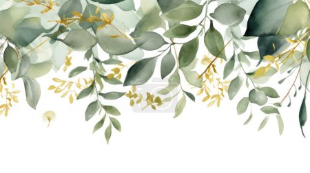 Foto de Acuarela verde y borde de hojas doradas. - Imagen libre de derechos