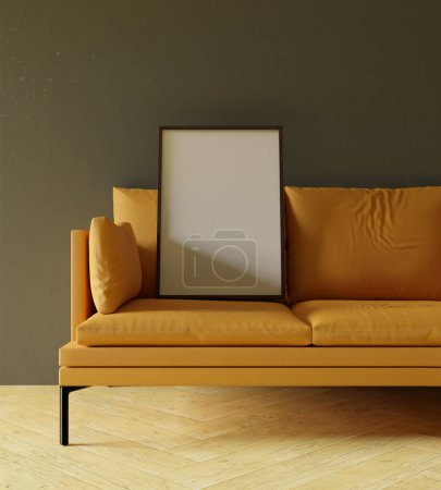 Photo for Wooden frame mockup poster with orange sofa furniture in the living room - Royalty Free Image