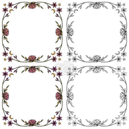 Boho flower square frames. Hand-drawn colored and line art set. Floral illustrations. Vintage element. Wiccan and pagan art. Decorative nature. Isolated on white