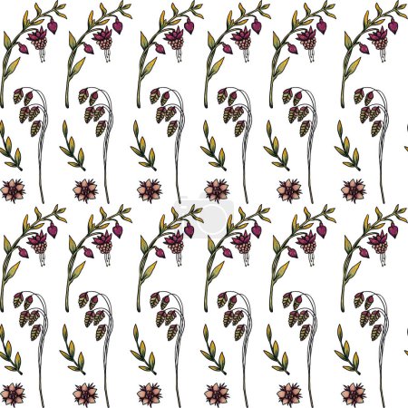 Photo for Floral seamless patterns. Hand-drawn color and gold natural elements. Boho and vintage collection. Shamanic and pagan vibes. Isolated on white. - Royalty Free Image
