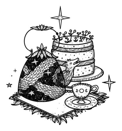 Photo for Fairy tea party illustration. Hand-drawn line art teapots and cups. Floral composition. Vintage element. Wiccan and pagan art. Decorative nature. Isolated - Royalty Free Image